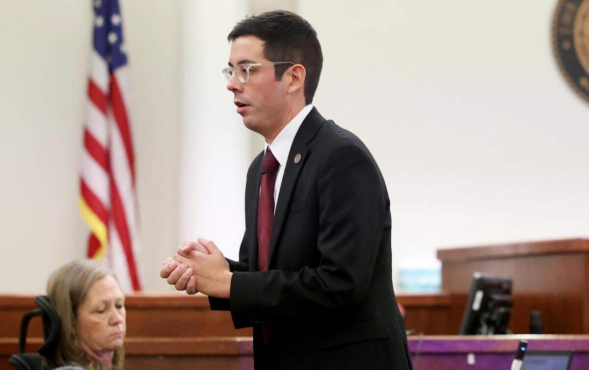 Assistant Criminal District Attorney Matt Rivers gives closing arguments in the trial of defendant Braylin Brown on Nov. 9, 2023, in the 396th District Court in Tarrant County.
